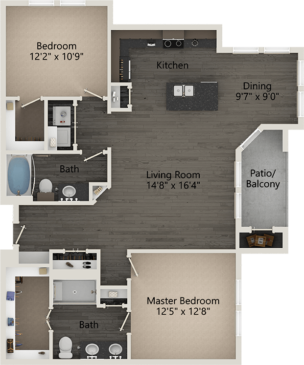 A Gerault unit with 2 Bedrooms and 2 Bathrooms with area of 1208-1234 sq. ft
