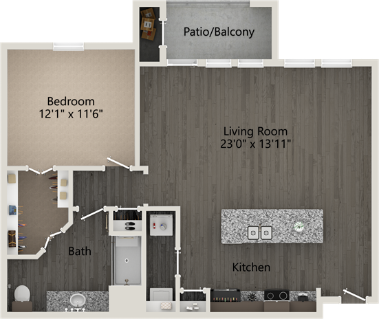 the floor plan for a two bedroom apartment at The RiverWalk Flats
