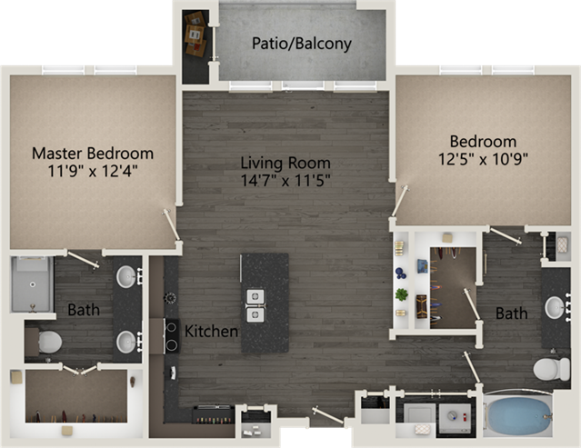 a floor plan of a two bedroom apartment at The RiverWalk Flats